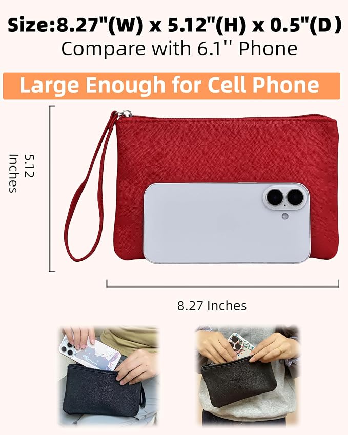 2 Pack Small Zipper Pouch Mini Makeup Bag for Purse Lipstick Cosmetic Travel Make Up Organizer for Women Essentials Feminine Products, Car Change Coin Holder 8x5 Phone Wristlet Wallet, Red