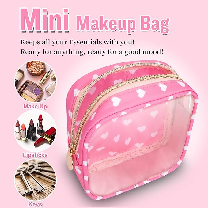 Mini Clear Travel Makeup Organizer Bag for Purse, Samll Cute Preppy Pink Makeup Bag Cosmetic Zipper Pouch Purse, Transparent PVC & Nylon Waterproof Toiletry Storage Clutch for Women Girls(Pink Heart)