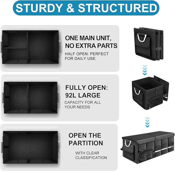 Car Trunk Organizer, 1680D Waterproof Oxford, Collapsible Waterproof Car Organizer Storage with Foldable Cover, Reflective Strip, 4 Mesh Pockets for SUV, Truck, Sedan, Camping, Road Trip (92L)