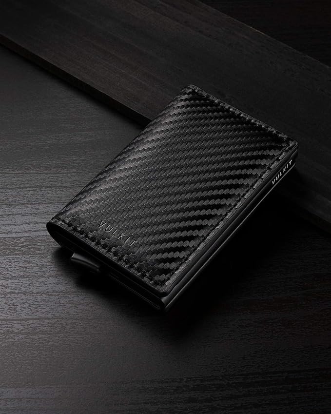 VULKIT Credit Card Holder RFID Blocking Leather Automatic Pop Up Wallet Aluminum Pocket Business Card Case