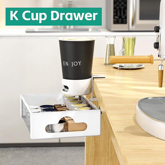 Desk Cup Holder with Drawer Organizer, Anti-Spill Clip-On Table Cup Hook with 360° Rotation Hidden Storage Box for Office Home Gaming Table (White)
