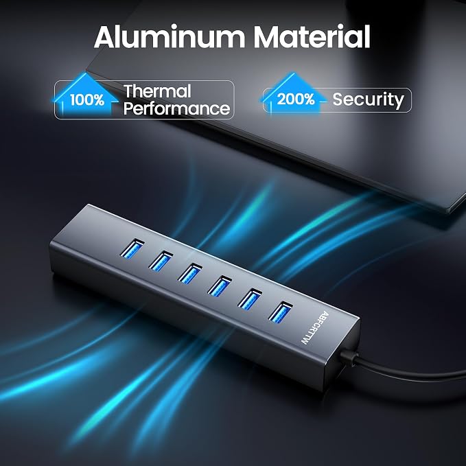 4FT USB to Ethernet Adapter, 7-in-1 USB Hub 3.0 Multiport Adapter with Ethernet 1Gbps & 6 USB 3.0 Port, USB Ethernet Adapter for Desktop, Laptop, MacBook, XPS Windows