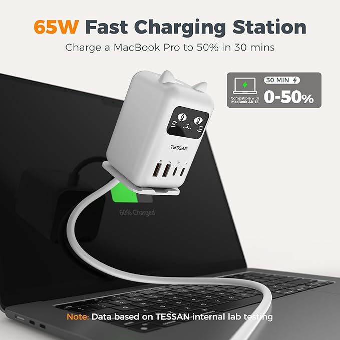 USB C Charger Block PD 65W, TESSAN Charging Station for Multiple Devices, Desktop Tower Charger with 4 USB Ports for iPhone 17/16/15, MacBook, Tablet, Office Home Dormroom