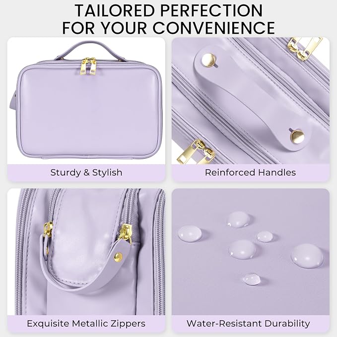 Travel Makeup Bag Women's Large Capacity Cosmetic Portable Organizer Large Opening Waterproof Storage Toiletry Bags Vertical Free-Standing Brush Holder for Easy Access Purple