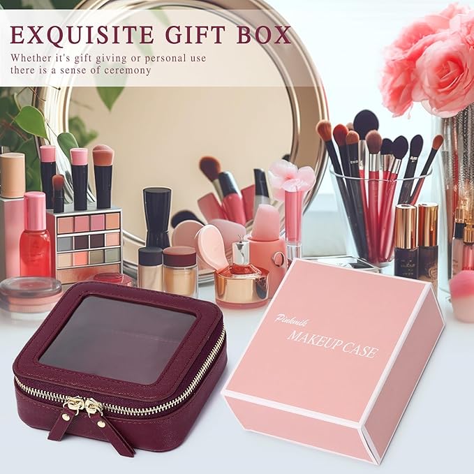 Pinkmik Small Makeup Bag Clear Mini Cosmetic Makeup Case & Toiletry Bag with Zipper Women's Purse Organizer & Car Essentials (X/Burgundy, MINI)