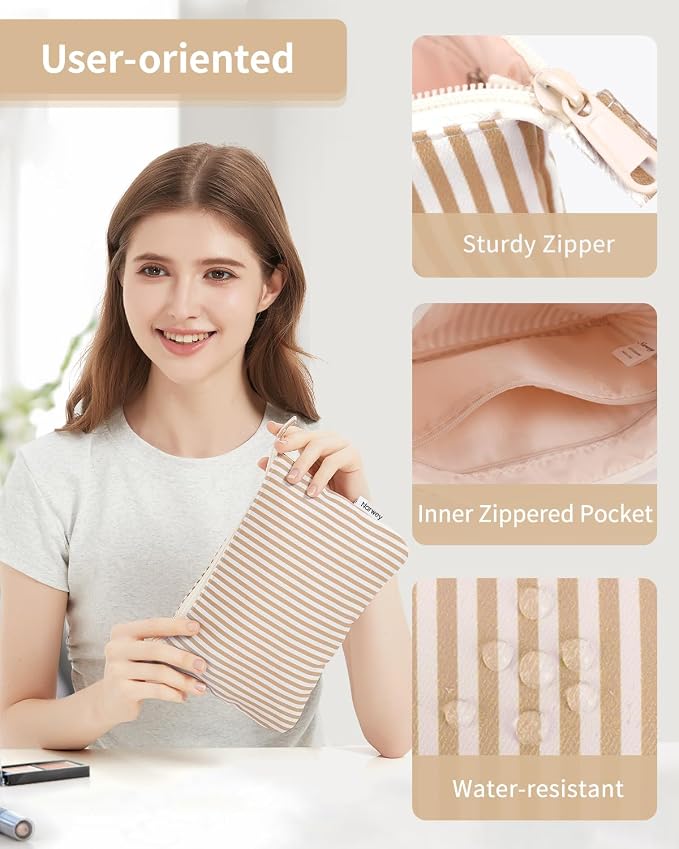 Narwey Small Striped Makeup Bag for Purse Travel Makeup Pouch Cosmetic Bag Zipper Pouch Bags for Women (Brown Stripe)