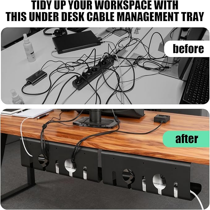Large Metal Under Desk Cable Management Tray, 16.5"L x 4.7"W x 6.8"H, 2 Pack Under Desk Cable Tray, Wire Organizer for Power Strip, Tape Mount or Screw Mount, Easy Install Cord Raceway for Desk & Home