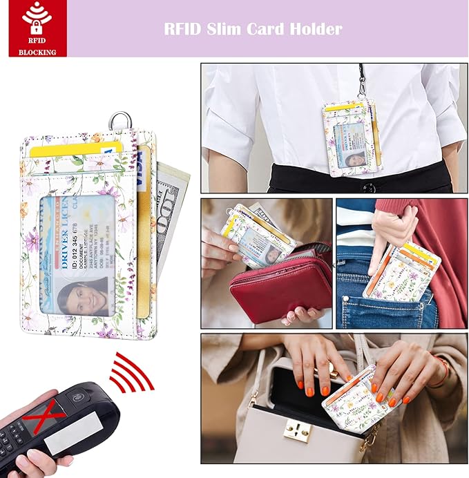 Coco Rossi Slim Front Pocket Wallet RFID ID Card Holder Cute Small Wallet with Wrist Lanyards Key Chain Holder for Women,White Daisy