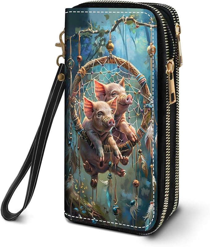 Women's Large Capacity Wallet PU Leather Double Zipper Clutch Purse Multifunctional Wallet with Removable Wristlet Strap for Smart Phone/Coin/Card/Cash, Dream Catcher Pig