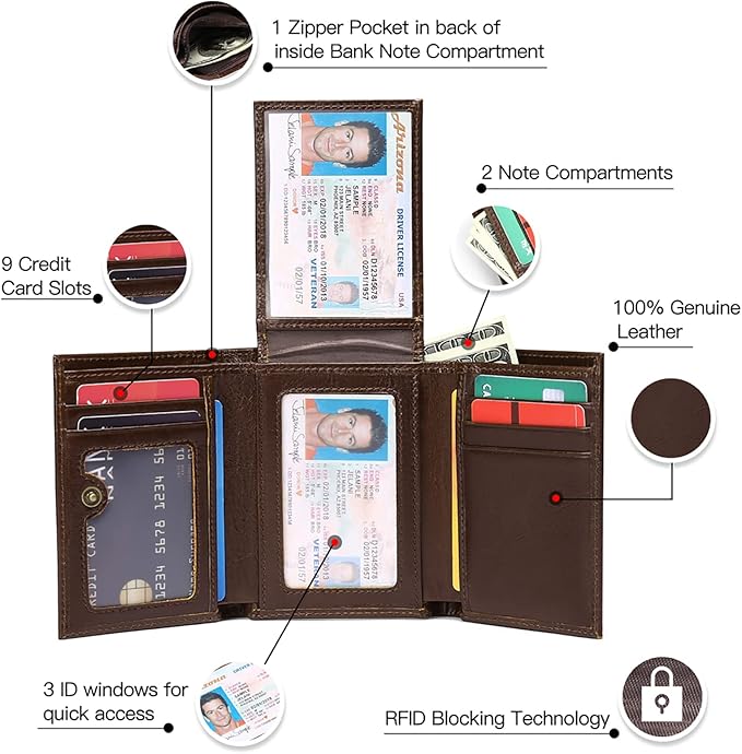 FALAN MULE Men's Wallet Genuine Leather Trifold Wallet With ID Window