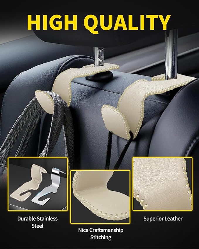 4 Pack Superior Leather Car Seat Headrest Hooks with 44 Pounds Load Capacity, Hangers Storage Organizer Universal Car Interior Accessories for Handbags Water Bottles Umbrellas, Beige