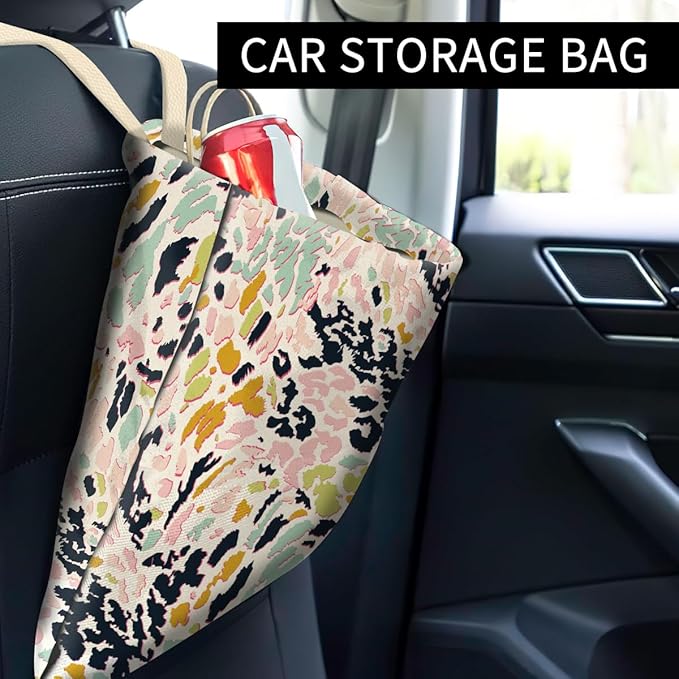 Car Trash Can, Cute Car Trash Bag, Hanging Car Organizer and Storage Bag, Trash Bin for Car Accessories, Vehicle, Travelling, Camping Colorful Leopard