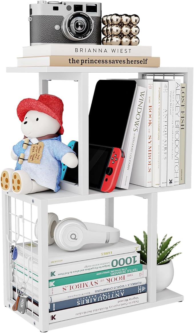 Desktop Bookshelf Organizer, White 3-Tier Desk Shelf with Metal Hook Workspace Organizers for Desk Organization and Office Storage Table Bookcase