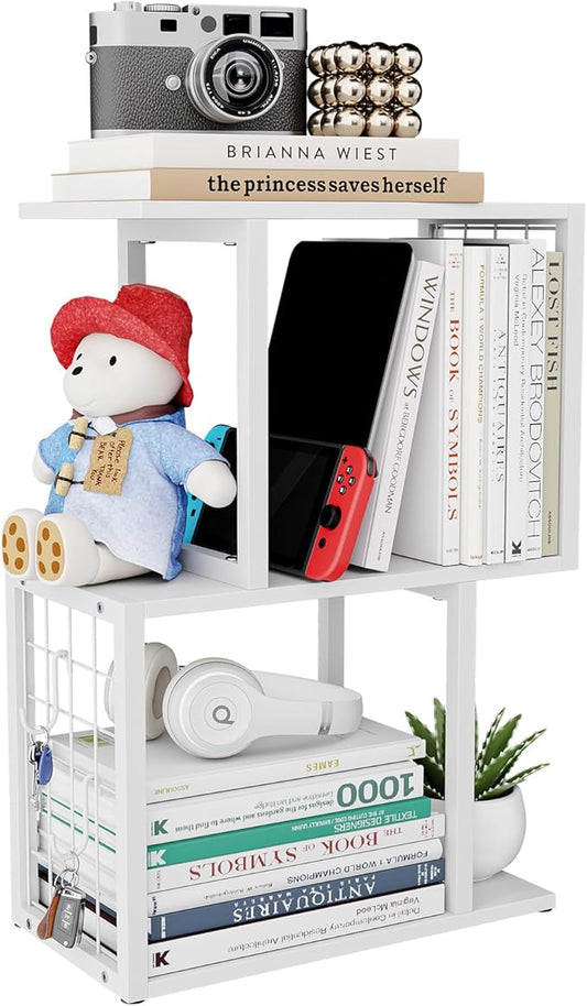 Desktop Bookshelf Organizer, White 3-Tier Desk Shelf with Metal Hook Workspace Organizers for Desk Organization and Office Storage Table Bookcase
