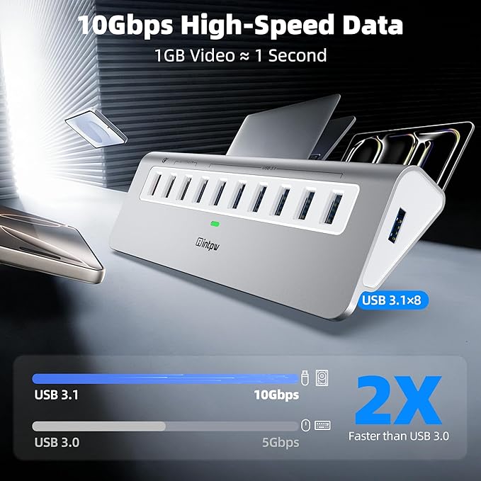 Powered USB Hub 10Gbps, 10 Port USB 3.2 Gen 2 Hub with 7 USB 3.2 Data Ports, 3 Fast Charging Ports, 36W Power Adapter, Type A and Type C Cable, Aluminum USB Data Hub for Mac, PC, Laptop