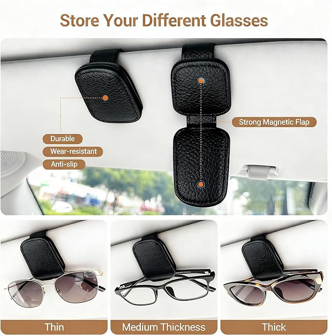 Sunglass Holder for Car, Universal Magnetic Glasses Holder Visor Sunglass Clip Visor Clips, Car Visor Organizer Accessories for Men and Women (1, Black)