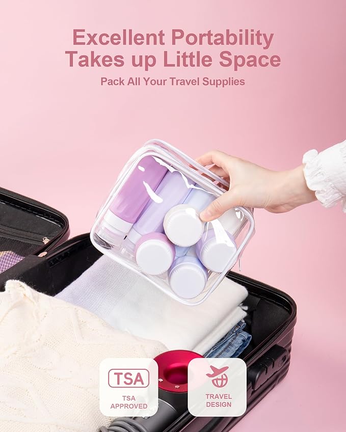 Mrsdry Travel Size Toiletries 8 Pack, TSA Approved 3oz/1oz Silicone Refillable Containers with Clear Travel Bag
