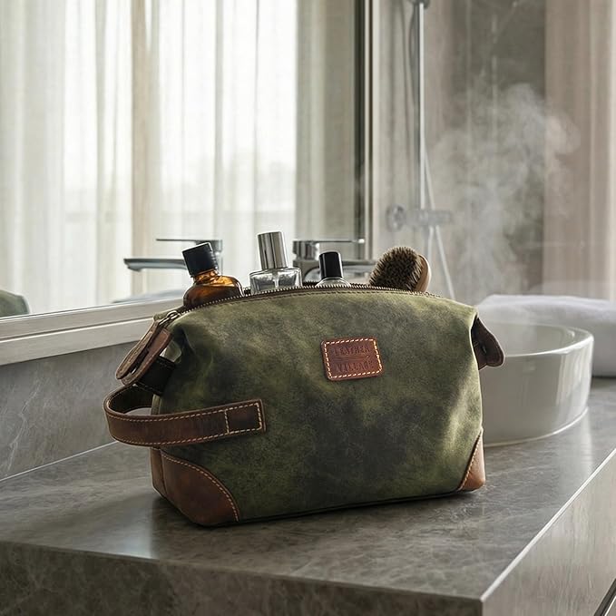 LEATHER VILLAGE Genuine Leather Dopp Kit for Men & Women with Waterproof Lining – Distressed Travel Toiletry Bag, Shaving & Bathroom Essentials Organizer - Distressed Green