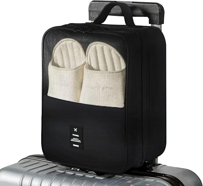 Waterproof Nylon Shoe Bag for Suitcase, Double Layer Portable Shoe Pouch for 3 Shoes, Travel Shoe Storage Bag with Zipper for Men and Women (Black)