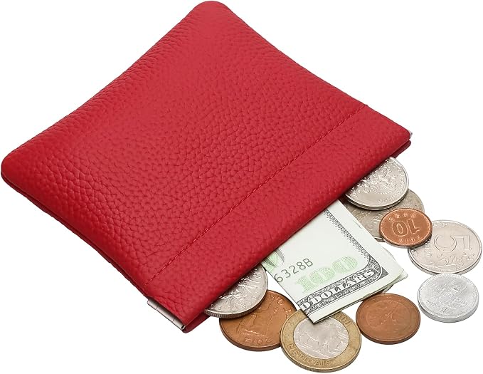 Genuine Leather Squeeze Coin Purse Pouch Change Holder For Men & Women Mini Change Purse Pouch for Pocket, Small Pouch Credit Card Key Headset Lipstick Holder (Red)
