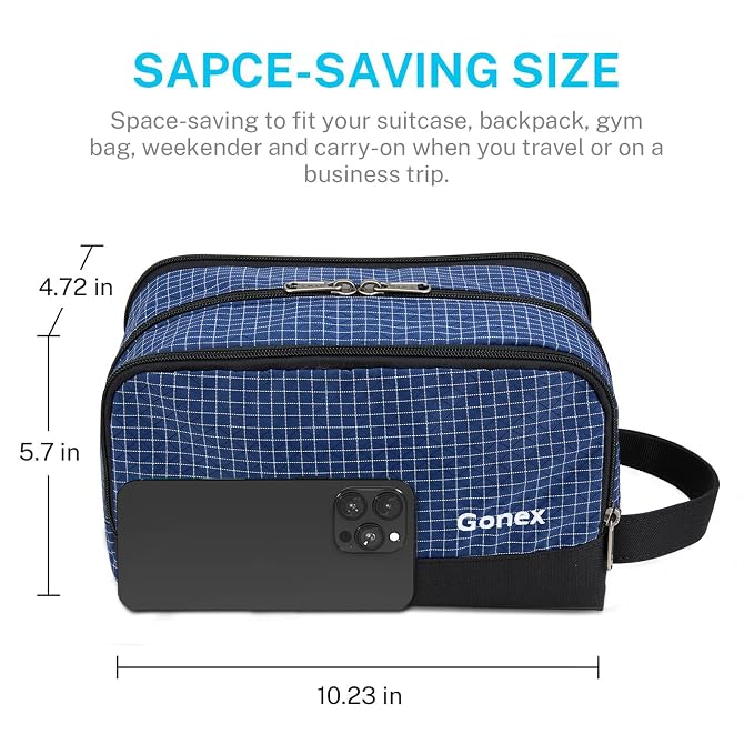 Gonex Travel Toiletry Bag Nylon, Shaving Bag Toiletry Organizer Check Patten (Navy Blue)