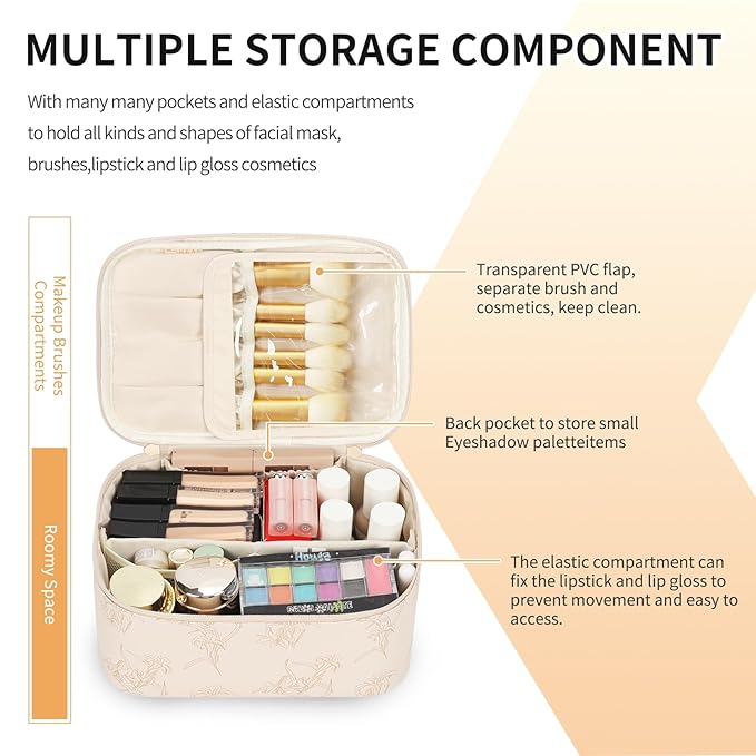 OCHEAL Makeup Bag for Women - Travel Cosmetic Organizer with Brush Slot & Divider, Large Capacity Toiletry Bag for Girls, Travel Makeup Case for everyday Make up Accessories -Beige floral