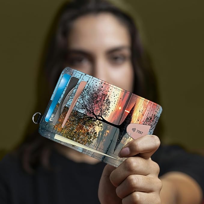 Small Travel Wallets, Day and Night Art Tree Slim Minimalist Front Pocket Wallet with Wristlet, RFID Blocking PU Leather Credit Card Holder with ID Window Change Purse for Men Women