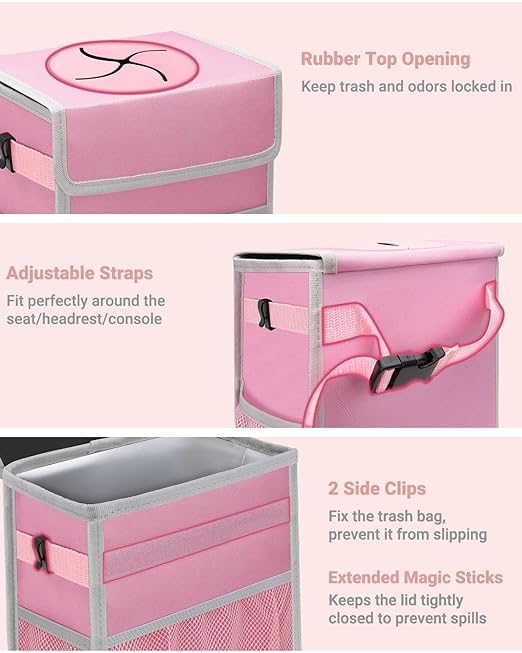 Capolo Car Trash Can with Lid, Leakproof Car Trash Bag Hanging Waterproof Automotive Garbage Can with Storage Pockets Mini Vehicle Trash Bin for Back/Front Seat(Pink,3 Gallon)