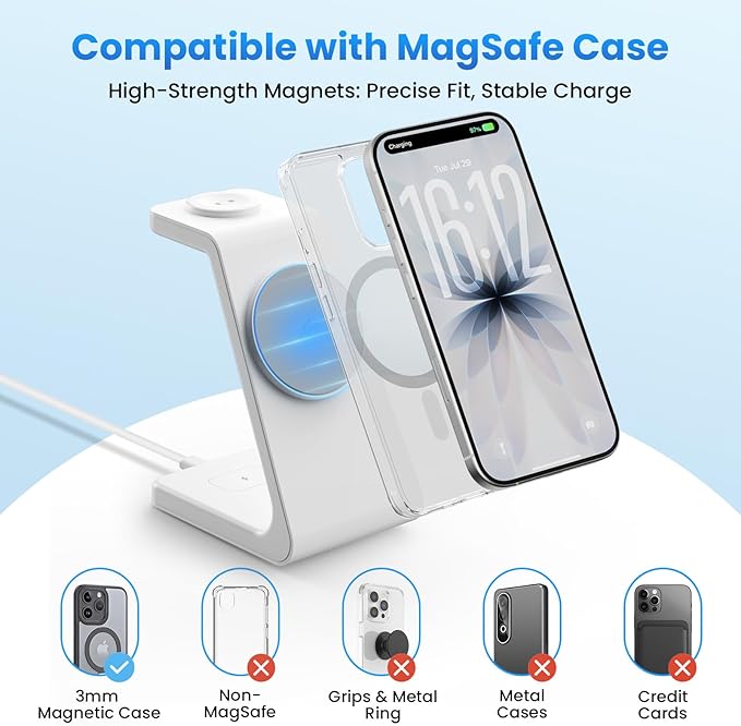 Magnetic Wireless Charging Station for iPhone: 3 in 1 Qi2 Certified 15W Fast Charging for iPhone 17-12, Apple Watch & AirPods, N52 Magnets & 30W Adapter Included (Office/Bedside/Desk)