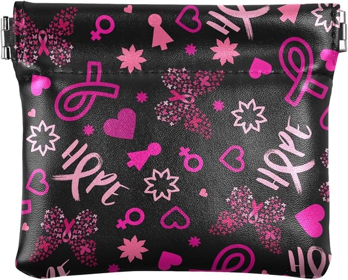 Pink Ribbon Women's Waterproof PU Leather Coin Purse, Slim Travel Wallet with Zipper - Compact Card Holder & Jewelry Organizer for Cash, Keys, Lipstick