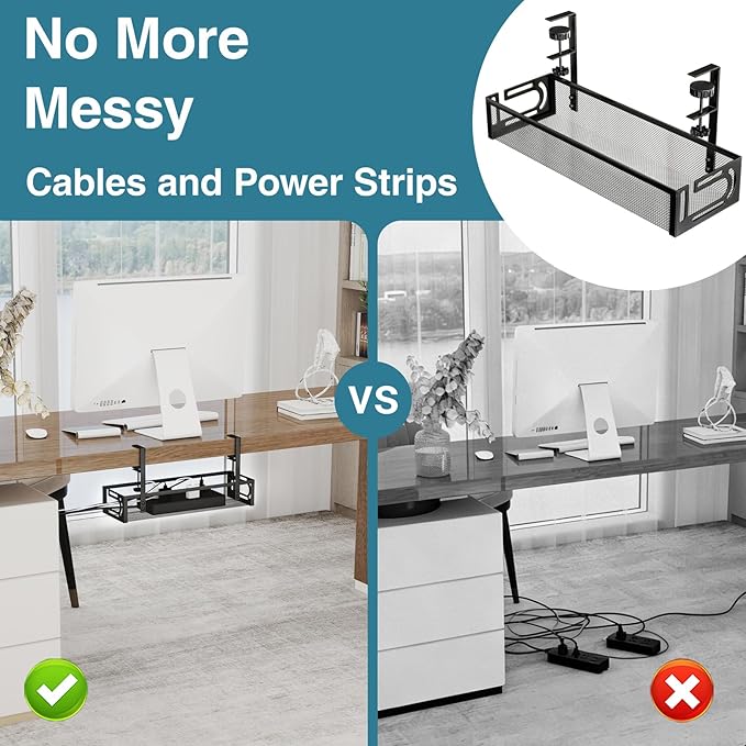 No Drill Under Desk Cable Management Tray, SONATURE 15.7" Cord Organizer for Table, Clamp Mount Desk Cable Management, Premium Carbon Steel Cable Organizer for Office, Home (Black)