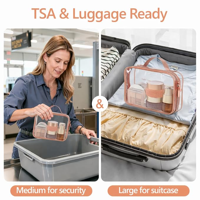 PACKISM Clear Makeup Bag Combo Pack, 1 TSA Approved Medium & Large for Checked Luggage, Clear Toiletry Bag with Handle, Water-resistant Travel Essentials Organizer, Rose Pink