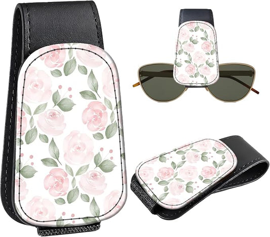 Leather Magnetic Sunglass Holder for Car Sun Visor, Cute Eyeglass Ticket Card Hanger Clip, Universal Auto Interior Accessories for SUV Pickup Truck, Soft Rose