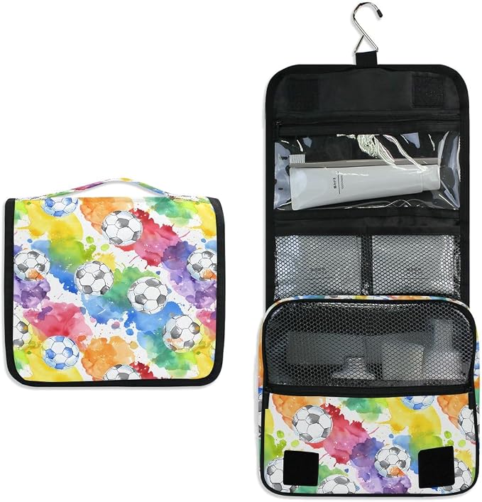 senya Hanging Travel Toiletry Bag Soccer Watercol Kit Makeup Case Cosmetics Organizer for Men Women