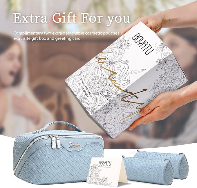 BOYATU Travel Makeup Bag Cosmetic Bags for Women: Large Capacity 3 Pcs Set Make up Bag with Compartments - Waterproof Vegan Leather Toiletry Organizer Bags with Handle (L04 Light Blue)
