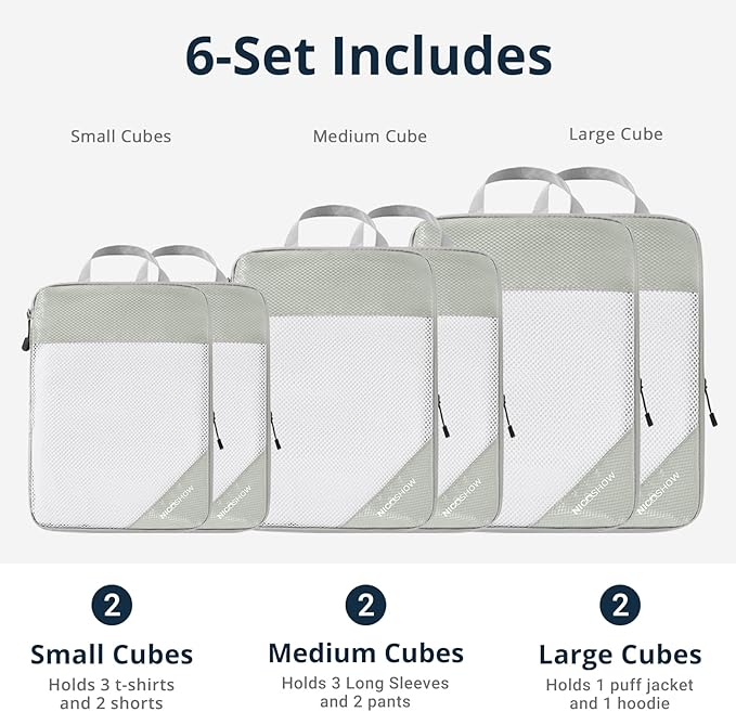 Compression Packing Cubes 6 Set, Compressible Space-Saving Packing Cubes for Travel - Compression Bags, Luggage Organizer, Travel Essentials for Women, Light Grey