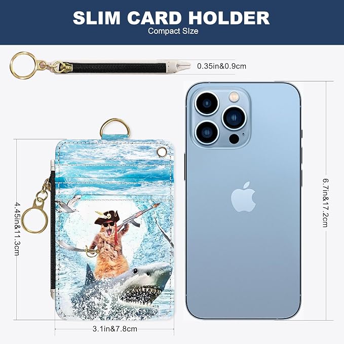 Slim Wallet Credit Card Holder, Sharks and Cats, RFID Wallet Women Cute Small Front Pocket Wallet With Zipper, PU Leather Thin travel RFID Blocking Card Case ID Window,Ladies Gifts