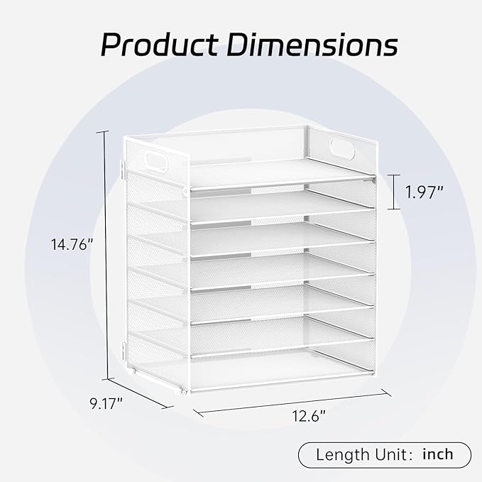 7 Tier Paper Organizer - Mesh Desktop File Holder with Handles for Office School Desk, Black (White)