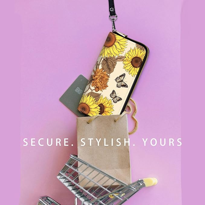 Zip Around Wallets for Women with Detachable Wrist Strap, Large Capacity RFID Blocking Leather Purse Organizer Card Holder Wristlet,Vintage Butterfly Sunflower