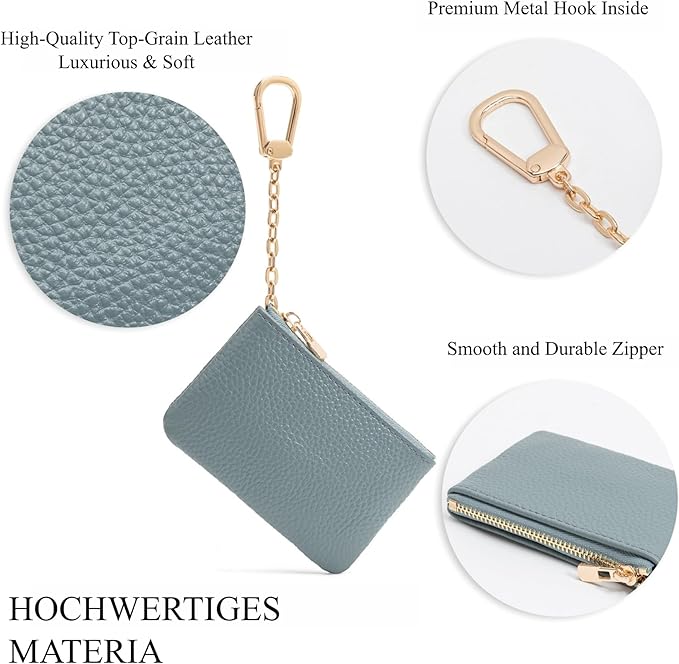 Full Grain Leather Coin Purse with Key Chain - Small Change Purse Keychain Card Holder Keychain Pouch Small Keychain Wallet for Women and Men (Powder Blue)