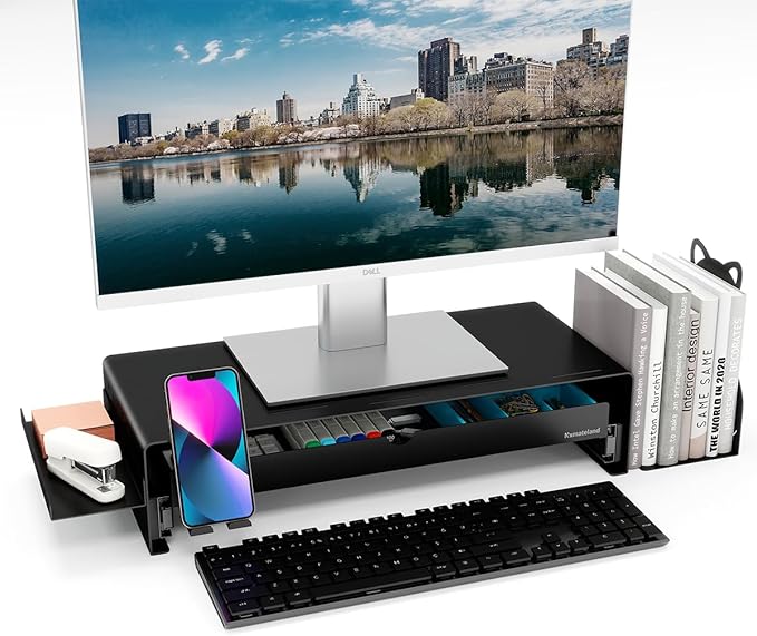Heavy Duty Metal Monitor Stand, Strong Support Desk Organizer with Storage Shelf, Ergonomic Riser for Computer, Laptop & Printer, Space-Saving Desktop Organizer for Office Home