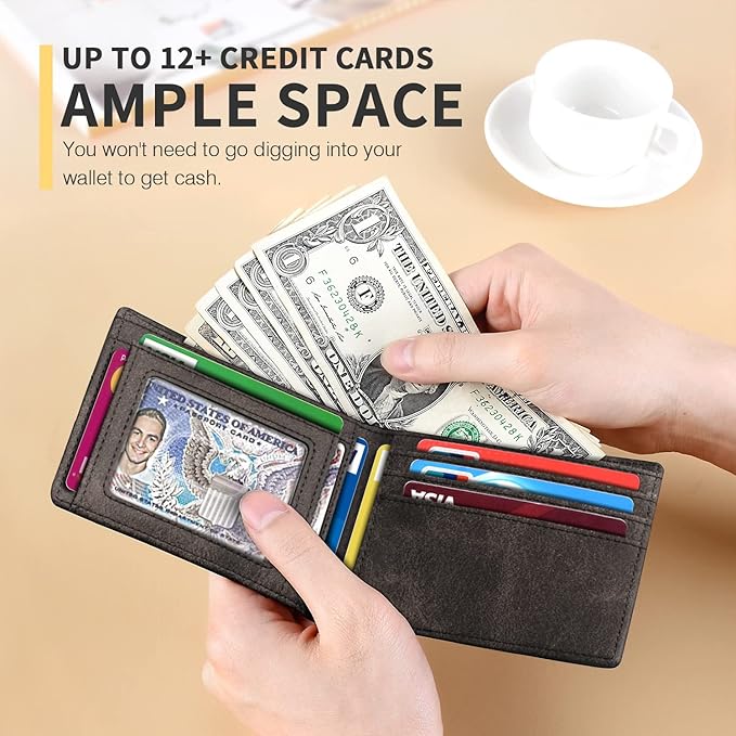 RUNBOX Wallet for Men Slim 11 Credit Card Holder Slots Leather RFID Blocking Small Thin Men's Wallet Bifold Minimalist Front Pocket Large Capacity Gift Box
