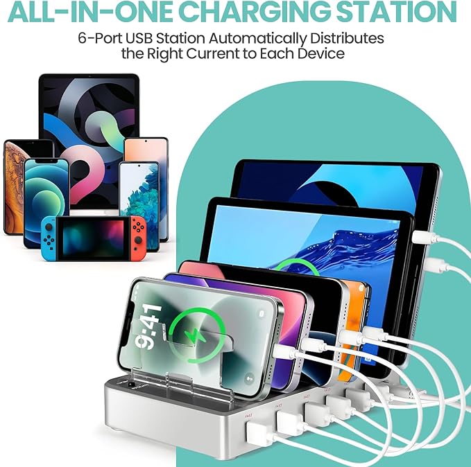 300W Fast Charging Station for Multiple Devices, 6 Port USB Charging Hub, Universal Desktop Charger Organizer Compatible with iPhone iPad Android Phones Tablets Kindle Home Office Travel