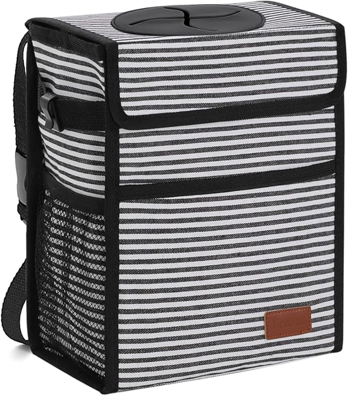Femuar Car Trash Can with Lid - Leak Proof, Waterproof, Multipurpose Car Hanging for Headrest, Collapsible, Portable with Storage Mesh Pocket, Stripe