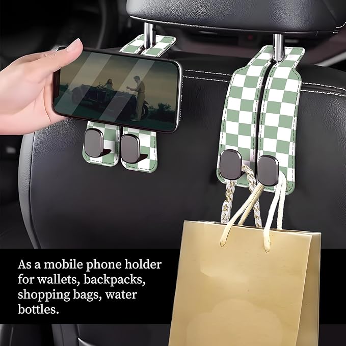 Car Seat Headrest Hook, Universal Leather Cute Hanger Holder Hook, Storage Organizer Interior Accessories for Purse Bags Handbag Green Plaid
