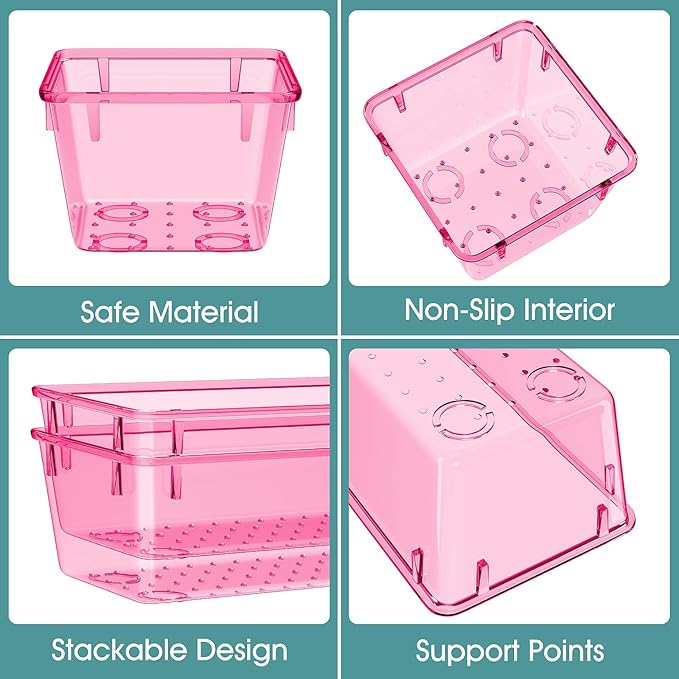 WOWBOX 25 PCS Plastic Drawer Organizer Set, 4 Sizes Desk Drawer Divider Organizers and Storage Bins for Makeup, Jewelry, Gadgets for Kitchen, Bedroom, Bathroom, Office, Clear Pink