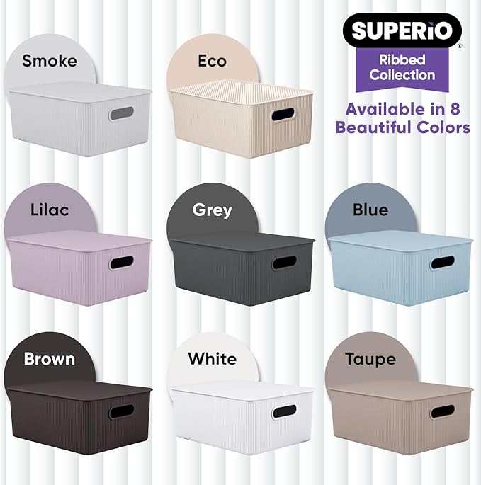 Decorative Plastic Basket Lidded Home Storage Bins Organizer Baskets, Large White Smoke (1 Pack - 15 Liter) Stackable Container Box, for Organizing Closet Storage Bins for Shelves - Ribbed Collection