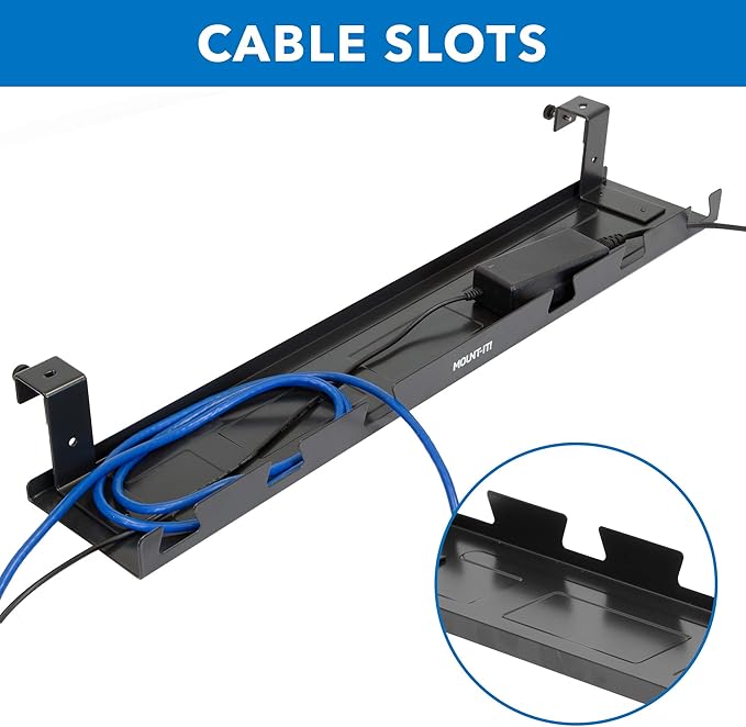 Mount-It! Premium Under Desk Cable Management Tray – 23" Heavy-Duty Steel Cable Tray & Cord Basket for Standing Desk & Home Office, Secure Crossbar or Screw Mount Wire Organizer (Black)