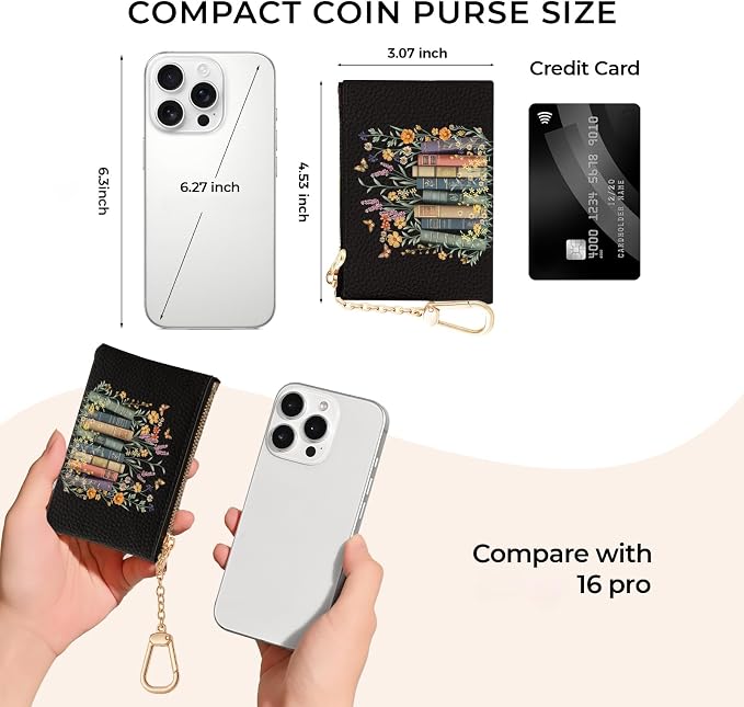 Book and Flower Keychain Coin Purse for Women, Small PU Leather Change Pouch, Zipper Little Tiny Travel Wallet for Girls, Cute Kawaii Zip Pocket Coin Holder with Key Ring