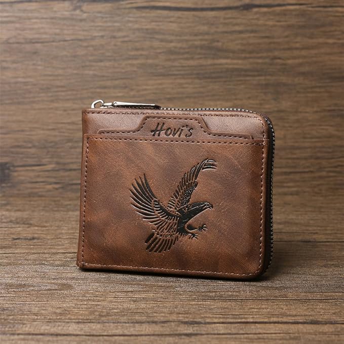 Eagles PU Leather Mens Compact Bifold Wallet, Vintage Zipper Wallet Closure with Detachable Card Case, 2 ID Windows & Snap Coin Pocket for Daily Travel Use (Brown)